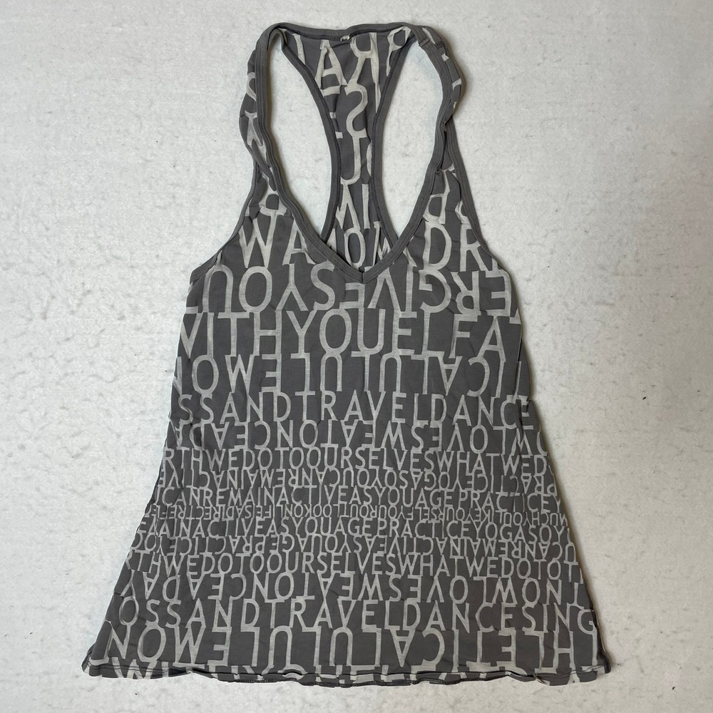 Lululemon Athletica Tank Top Racerback Gray Activewear Athletic Word Print